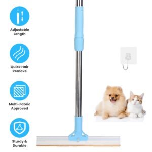 1 Râteau anti-poils pour animaux avec manche télescopique réglable (138 cm) – Grattoir multi-surfaces pour poils de chien et chat, adapté aux tapis, moquettes, vêtements et canapés.
