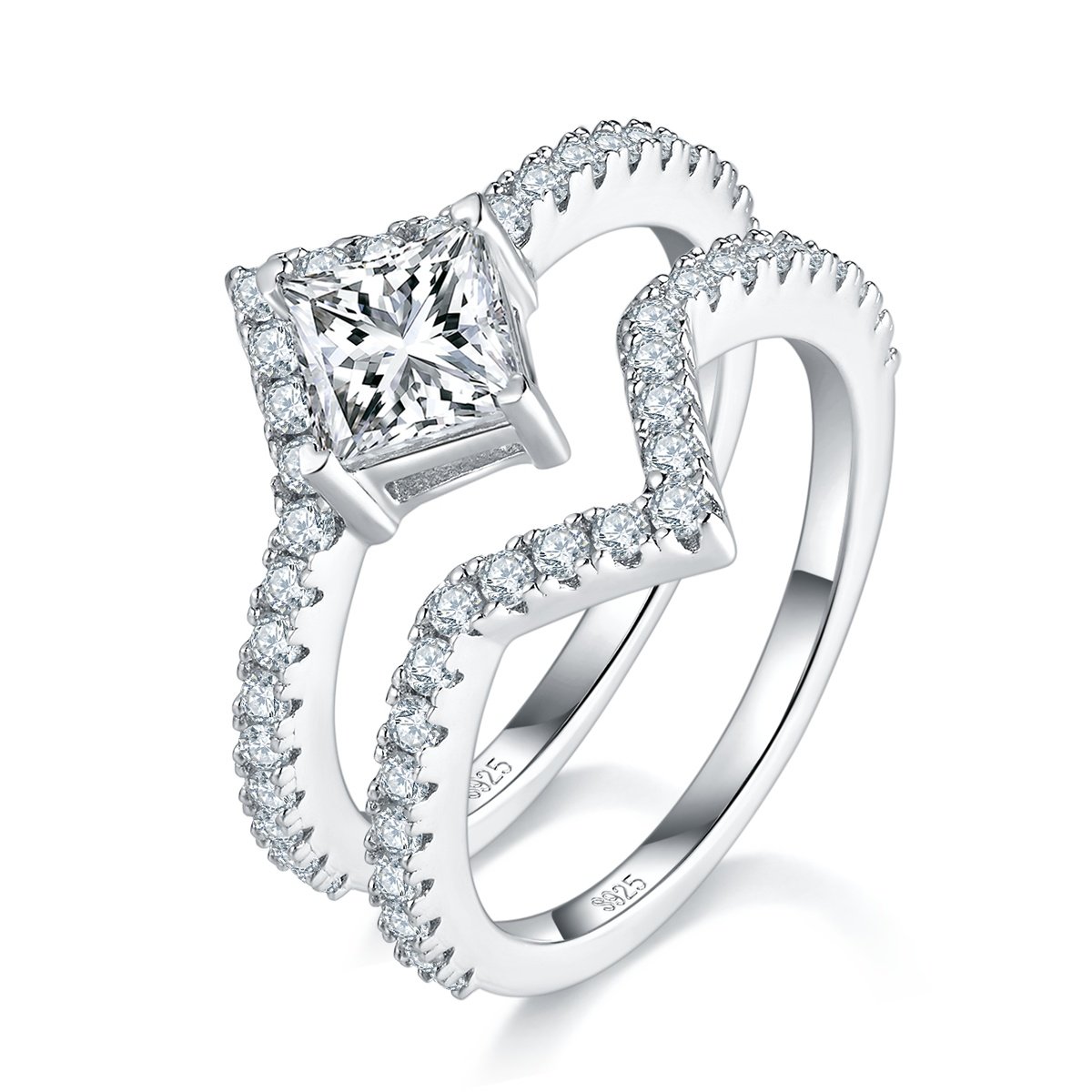 Parure de bague de fiançailles et alliance en argent S925 avec moissanite taille princesse (1 carat, couleur D, pureté VVS1) et certificat GRA ; tailles US 5 à 9.