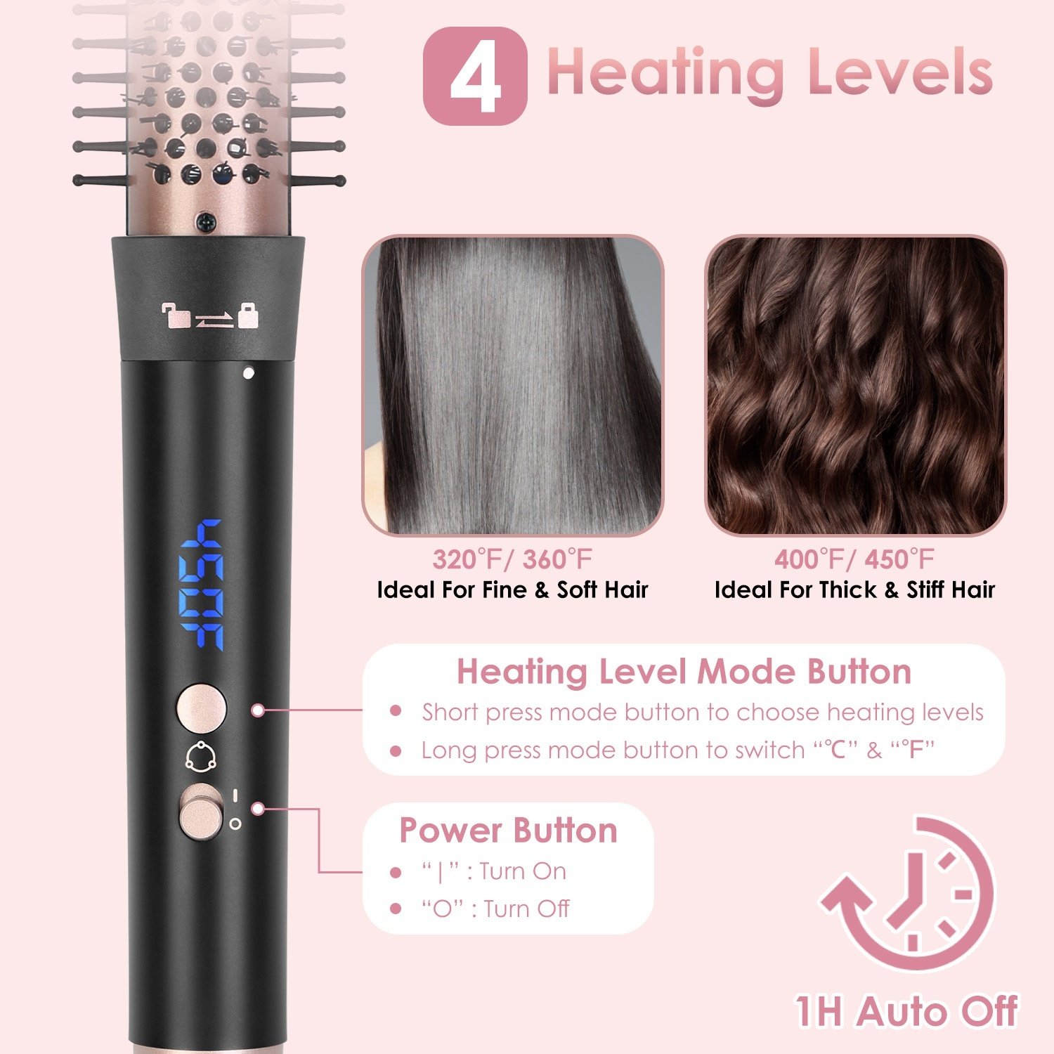 2 options disponibles – 1 appareil 5-en-1 : brosse chauffante et fer à boucler anti-emmêlement avec 4 niveaux de température, cordon rotatif à 360°, 5 embouts interchangeables, 2 pinces et arrêt automatique après 1 heure. - Image 5