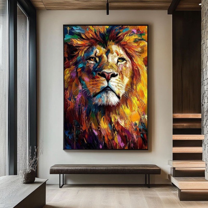 Tableau abstrait d'animal sur toile – Peinture à l'huile faite main – Lion coloré – Art mural moderne et élégant – Décoration pour salon - Image 4