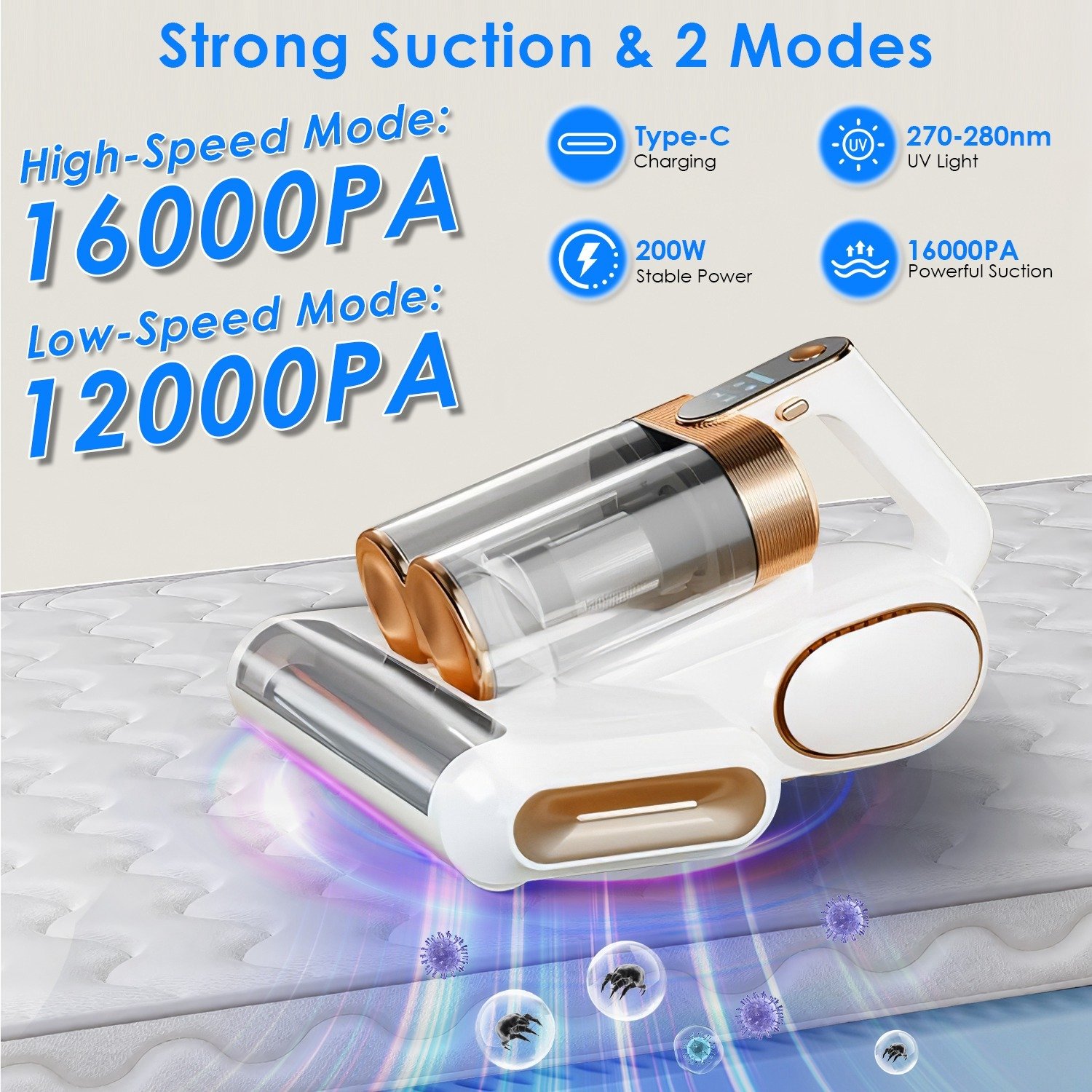 Aspirateur pour matelas (1 pièce) – Puissance d'aspiration de 16 kPa, technologie à ultrasons et lumière UV-C, brosse rotative à 18 000 tr/min, double réservoir à poussière et filtres lavables ; idéal pour lits, oreillers, lits de bébé et canapés. - Image 10