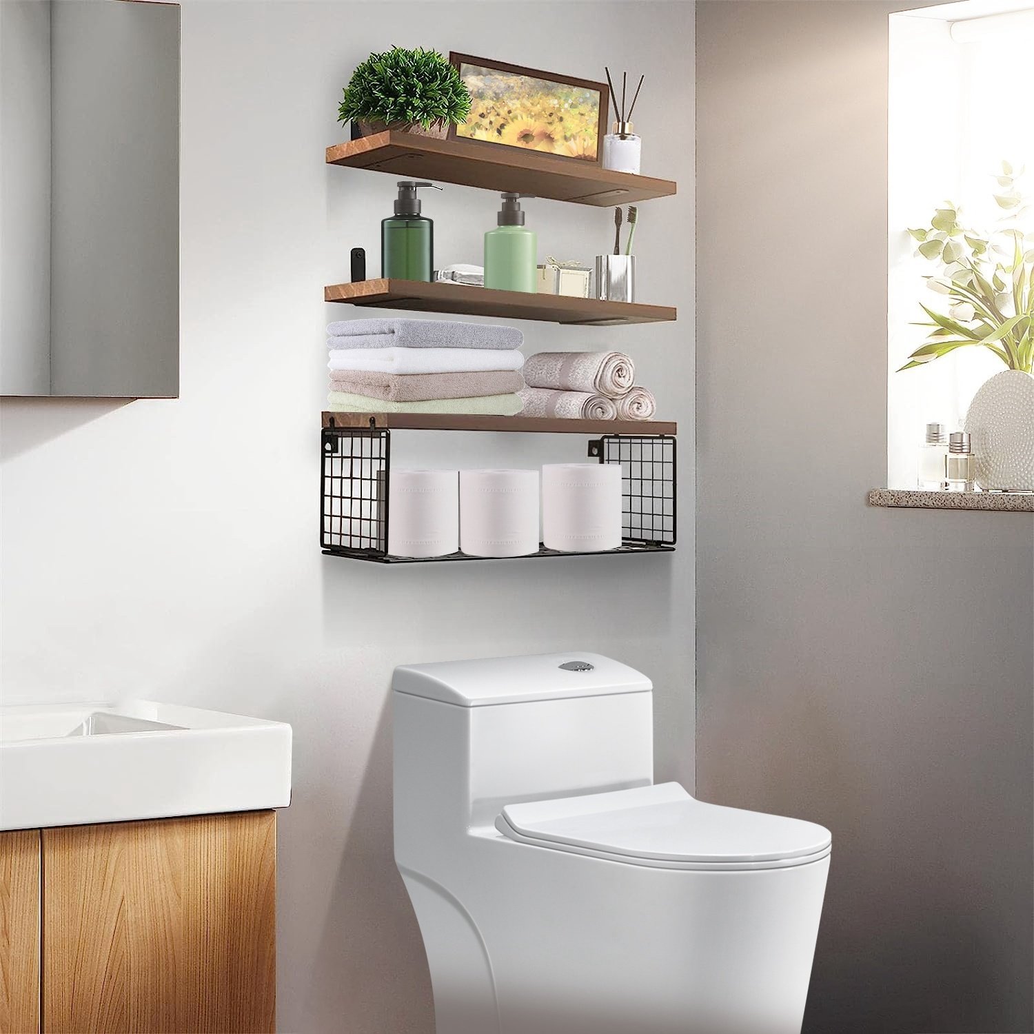 Étagères murales flottantes 2-en-1 avec panier de rangement – Étagères en bois pour salle de bain (au-dessus des toilettes), chambre, salon, cuisine ou bureau – Décoration murale pour plantes - Image 8