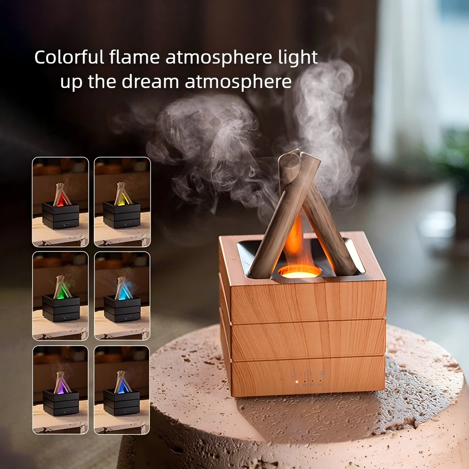 Humidificateur et diffuseur d'arômes USB de bureau avec effet de flamme – Diffusion intense de brume, compatible avec les huiles essentielles, éclairage LED 7 couleurs.