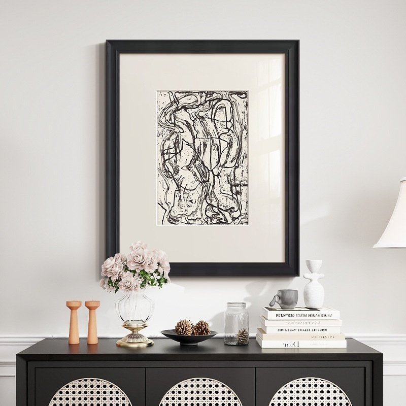 Tableau abstrait haut de gamme à lignes noires et blanches – Décoration murale rétro
