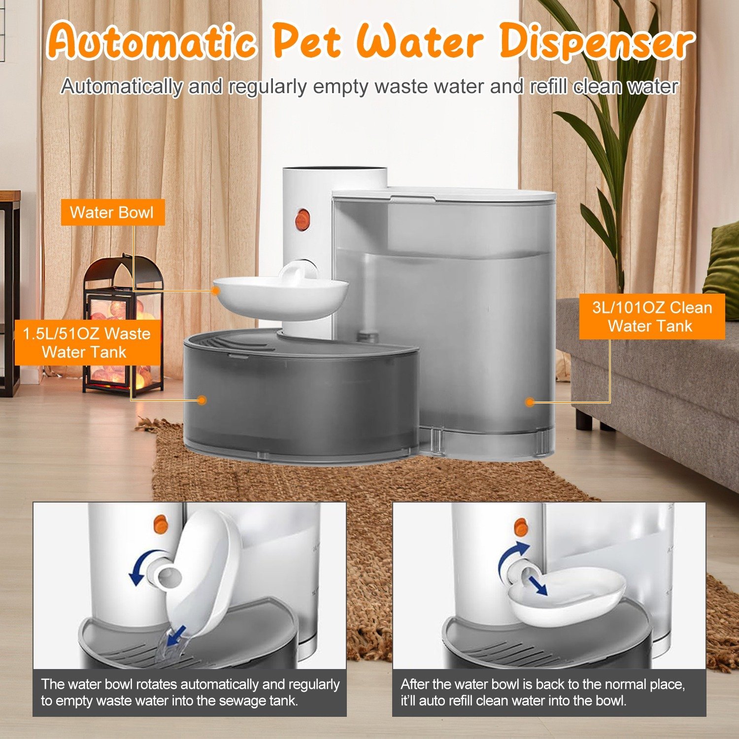 Fontaine à eau intelligente pour animaux (1 pièce) – Distributeur d'eau automatique sans fil et rechargeable pour chats et chiens (3 L) – Remplissage automatique avec 3 niveaux de volume, 3 intervalles de temps et commande tactile. - Image 5