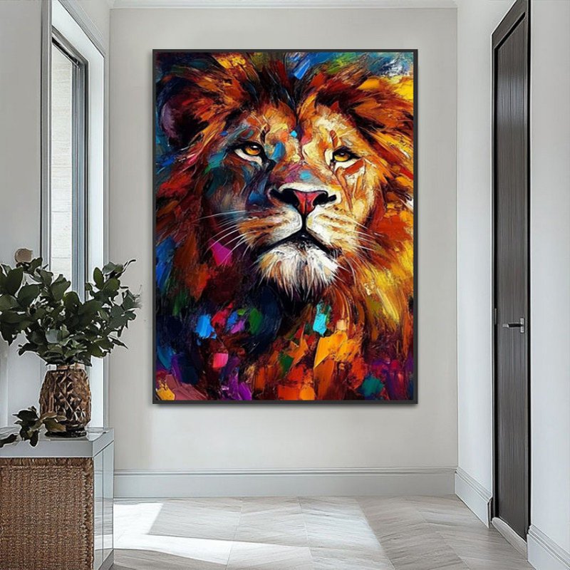 Tableau abstrait d'animal sur toile – Peinture à l'huile faite main – Lion coloré – Art mural moderne et élégant – Décoration pour salon - Image 5