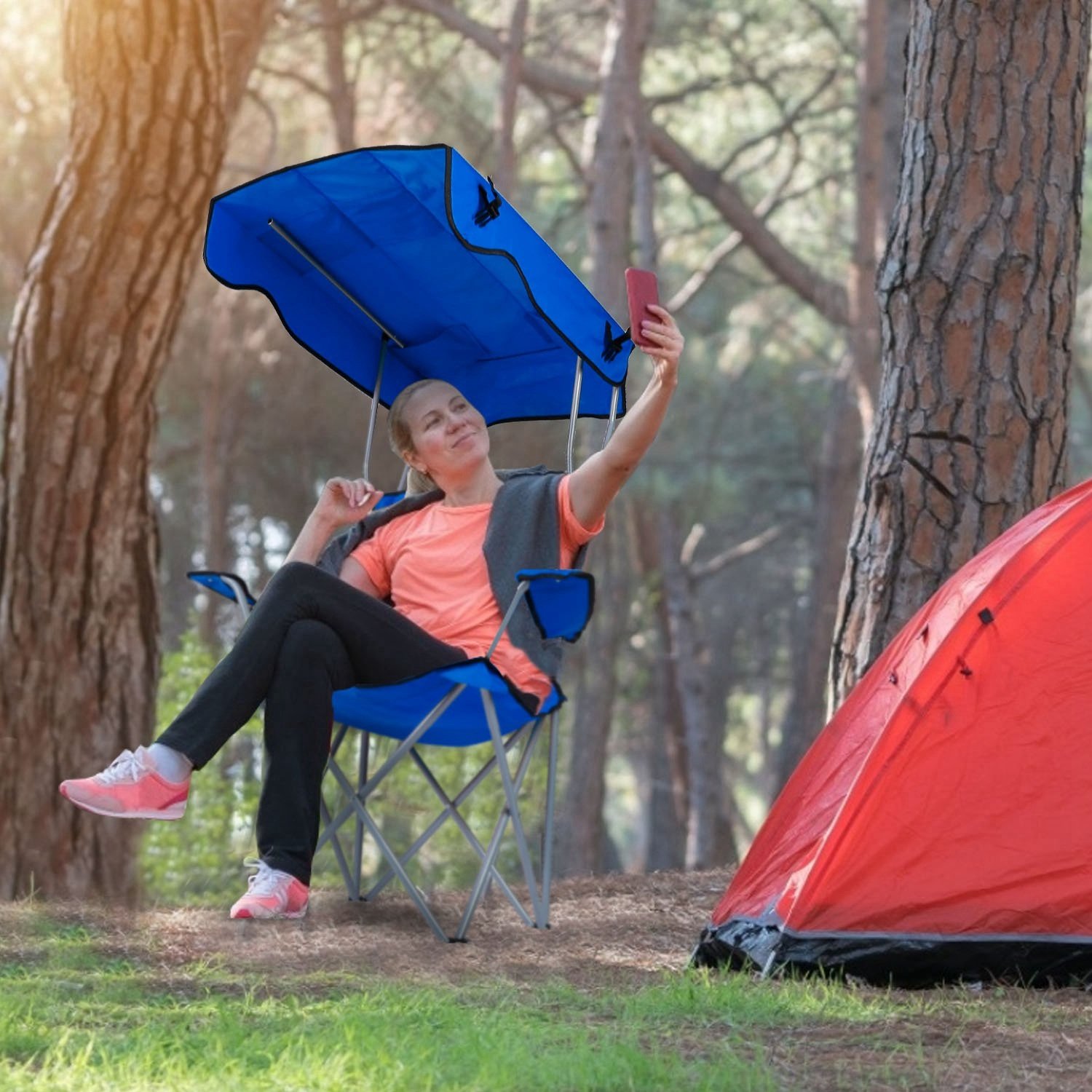 1 chaise de camping pliable avec auvent et porte-gobelet, charge maximale de 150 kg (330 lb), se replie en sac de transport, expédition FedEx - Image 4