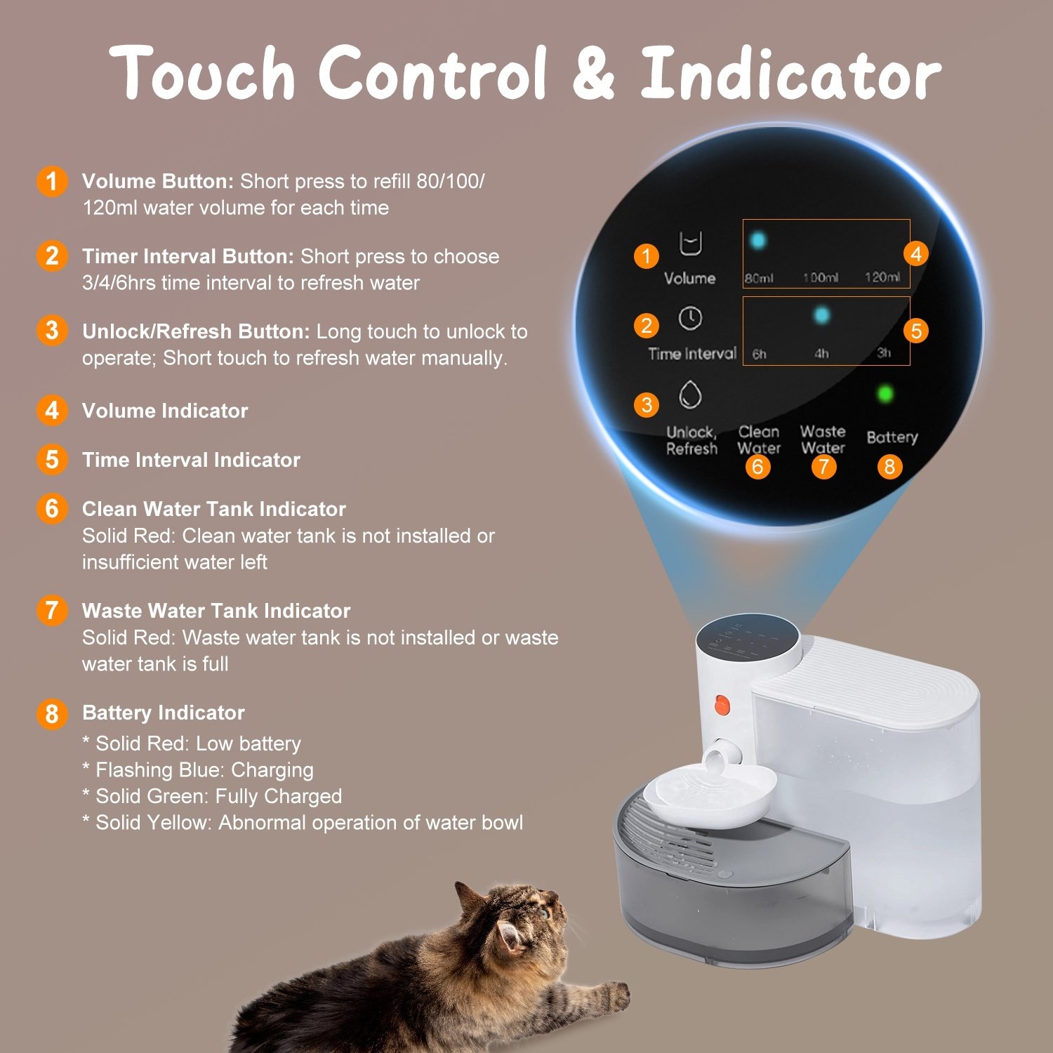 Fontaine à eau intelligente pour animaux (1 pièce) – Distributeur d'eau automatique sans fil et rechargeable pour chats et chiens (3 L) – Remplissage automatique avec 3 niveaux de volume, 3 intervalles de temps et commande tactile. - Image 6