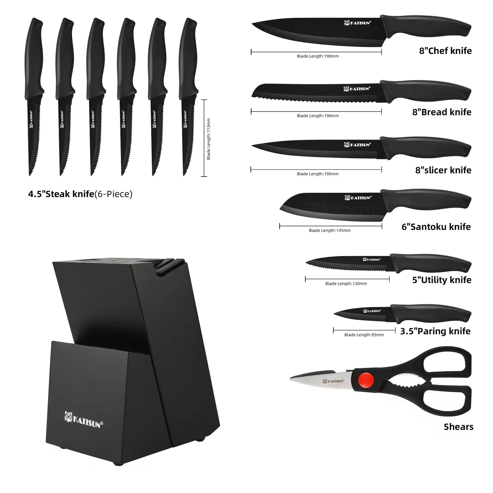 Ensemble de 15 couteaux de cuisine avec aiguiseur intégré - Lames en acier au carbone et manches ergonomiques - Image 3