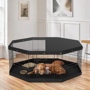 Parc pour chiens VEVOR, enclos métallique pliable à 8 panneaux avec toit et tapis de sol, hauteur 61 cm (24 po), pour chiots et petits à moyens animaux, usage intérieur et extérieur, idéal pour le camping ou le jardin.
