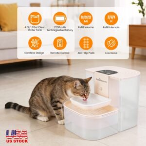1 Fontaine à eau intelligente pour animaux – Distributeur automatique sans fil et rechargeable (4,5 L) avec remplissage autonome, 3 niveaux de débit, 3 intervalles de distribution, télécommande et brosse de nettoyage.