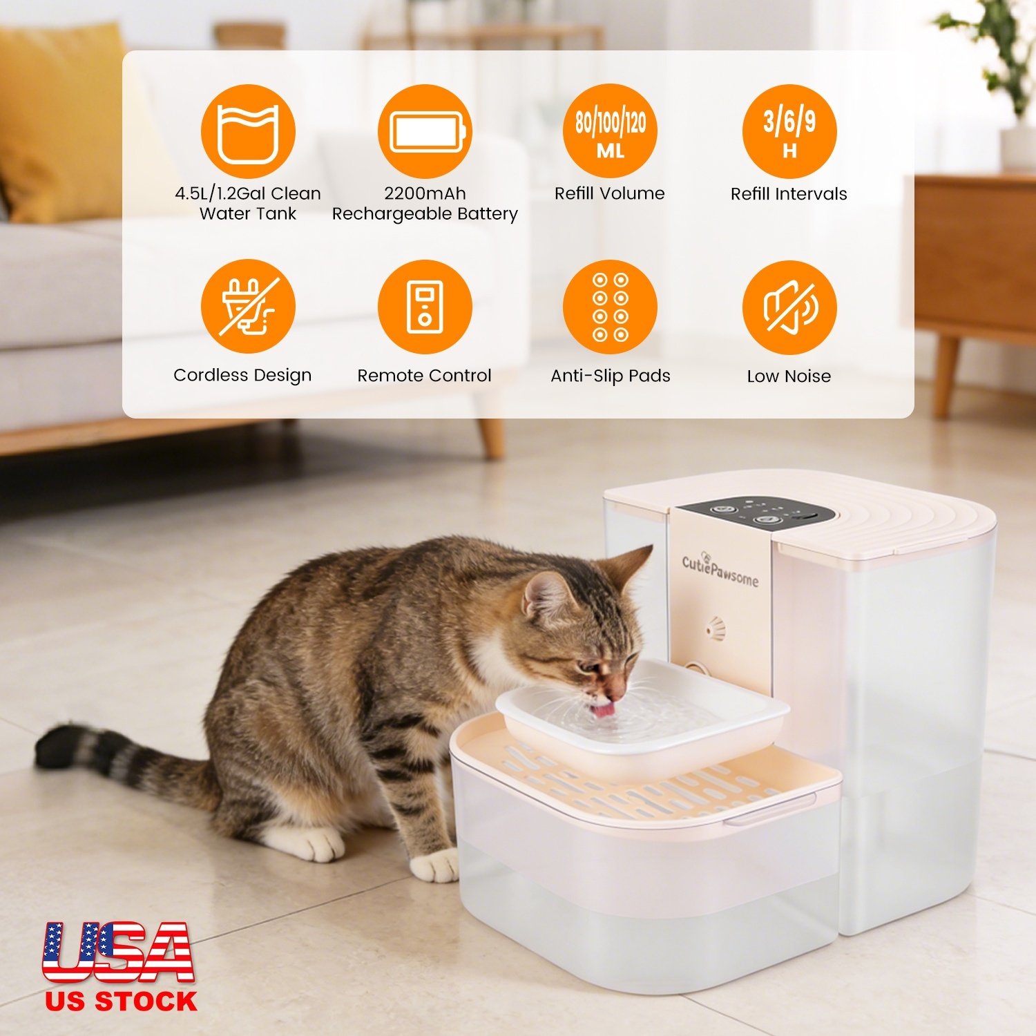 1 Fontaine à eau intelligente pour animaux – Distributeur automatique sans fil et rechargeable (4,5 L) avec remplissage autonome, 3 niveaux de débit, 3 intervalles de distribution, télécommande et brosse de nettoyage.