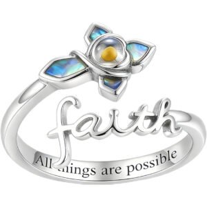 Bague réglable en argent sterling 925 (vente en gros) – Motif croix de la foi, graine de moutarde et nacre d'ormeau