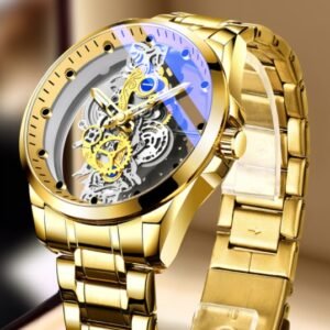 Montre pour homme squelette automatique/quartz, dorée, style vintage – Montre de luxe de grande marque