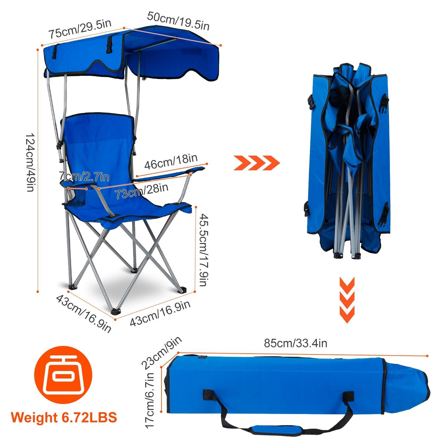 1 chaise de camping pliable avec auvent et porte-gobelet, charge maximale de 150 kg (330 lb), se replie en sac de transport, expédition FedEx - Image 6