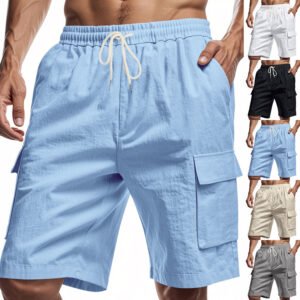 Short de sport et loisirs ample en lin uni avec cordon de serrage