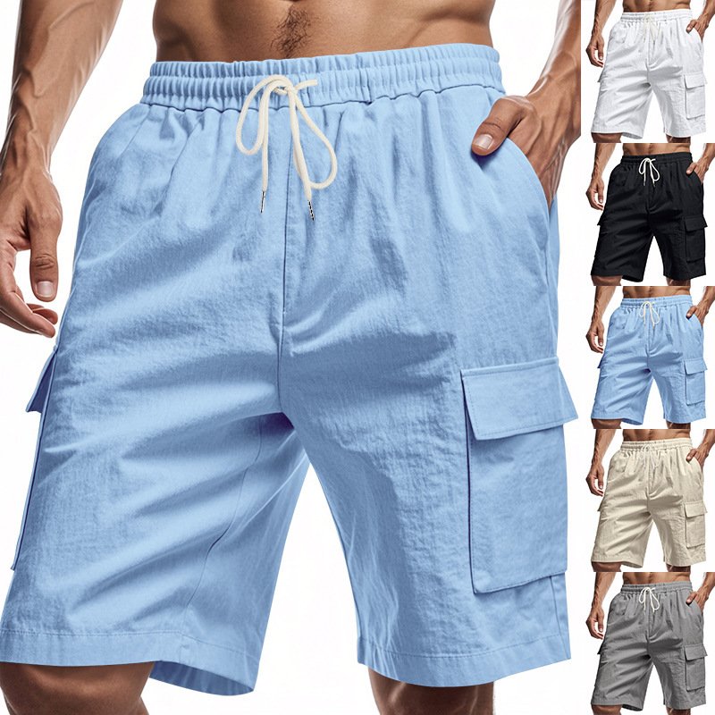 Short de sport et loisirs ample en lin uni avec cordon de serrage