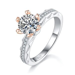 Bague en argent sterling S925 avec moissanite de 1 carat, taille ronde de 6,5 mm, griffes en forme de cœur dorées, anneau pavé, tailles US 5 à 9, certificat GRA et coffret cadeau inclus.