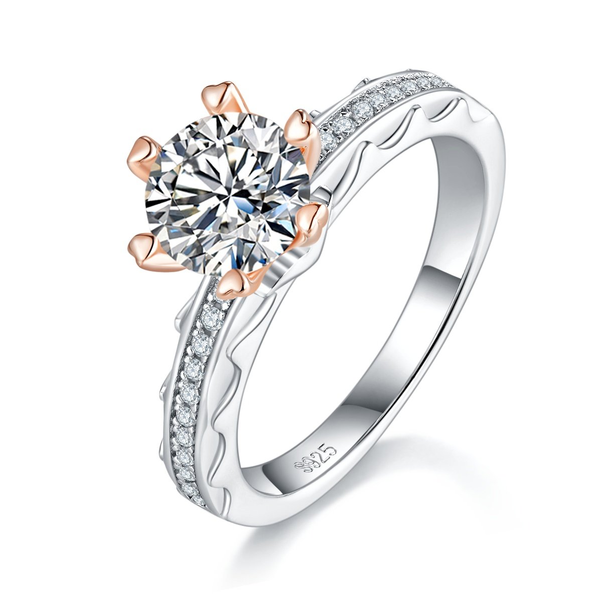 Bague en argent sterling S925 avec moissanite de 1 carat, taille ronde de 6,5 mm, griffes en forme de cœur dorées, anneau pavé, tailles US 5 à 9, certificat GRA et coffret cadeau inclus.