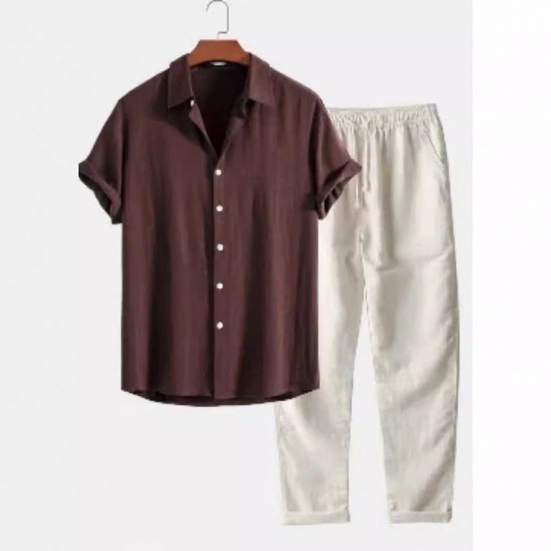 Ensemble de costume pour homme en lin et coton, coupe ajustée, col montant - Image 2