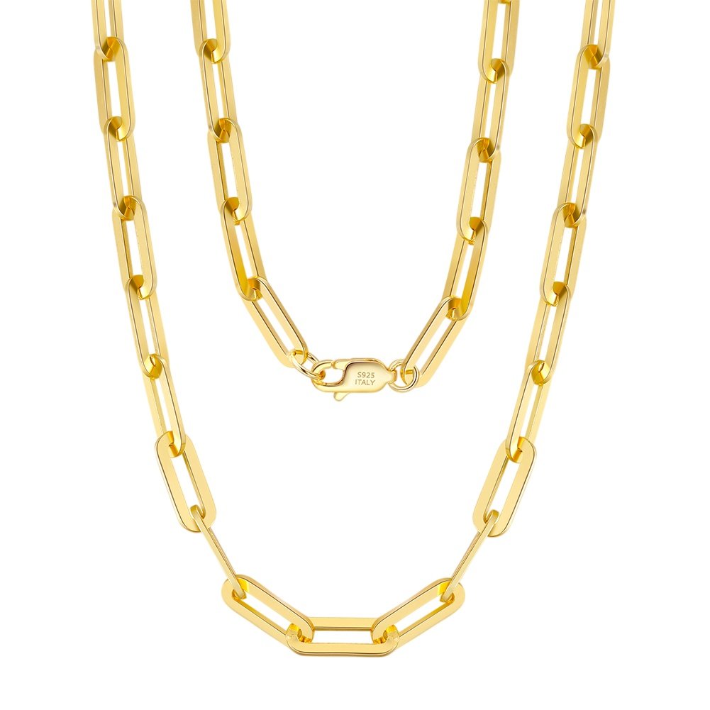 Collier chaîne à maillons rectangulaires (type « trombone ») en argent sterling 925 plaqué or, fabriqué en Italie – Un bijou d'exception