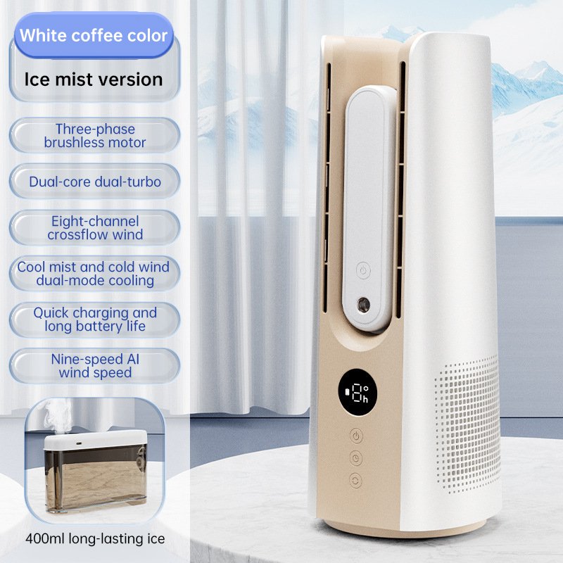 Ventilateur tour portable 2025 – 6 vitesses, brumisateur, sans pales, pour chambre/salon/bureau