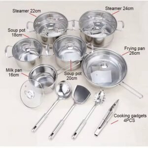 Batterie de cuisine en acier inoxydable de 18 pièces pour la maison – Ensemble incluant des faitouts (16 à 26 cm) et des ustensiles