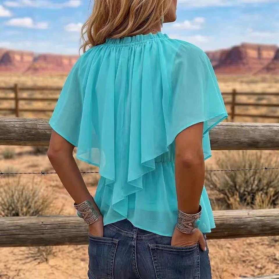 Blouse cintrée en mousseline à col en V croisé, manches évasées à volants et ourlet asymétrique - Image 4