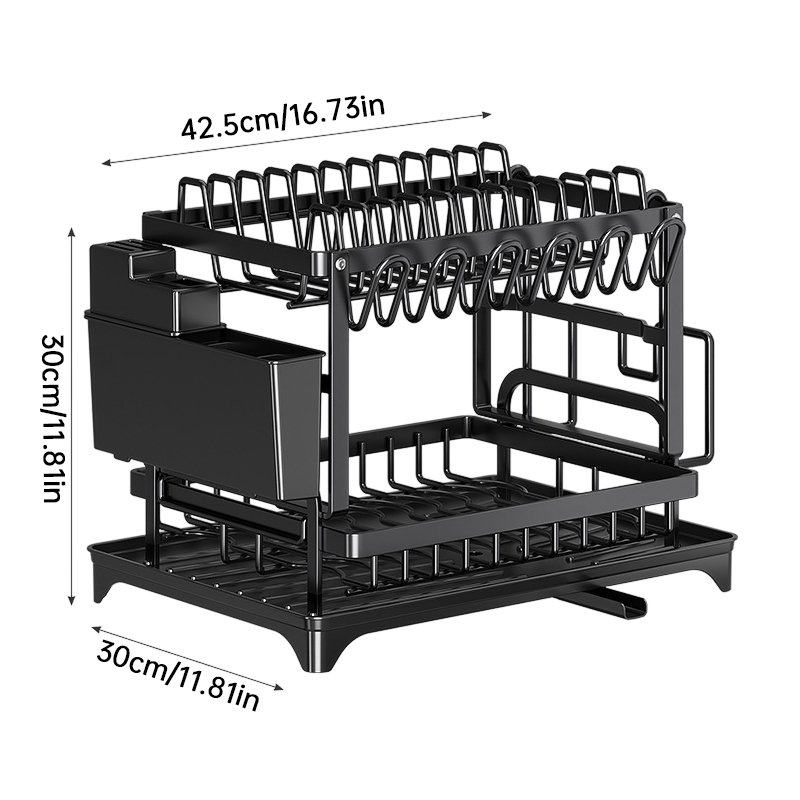 Égouttoir à vaisselle à 2 niveaux grande capacité, en acier au carbone antirouille, avec planche à découper et porte-ustensiles. - Image 9