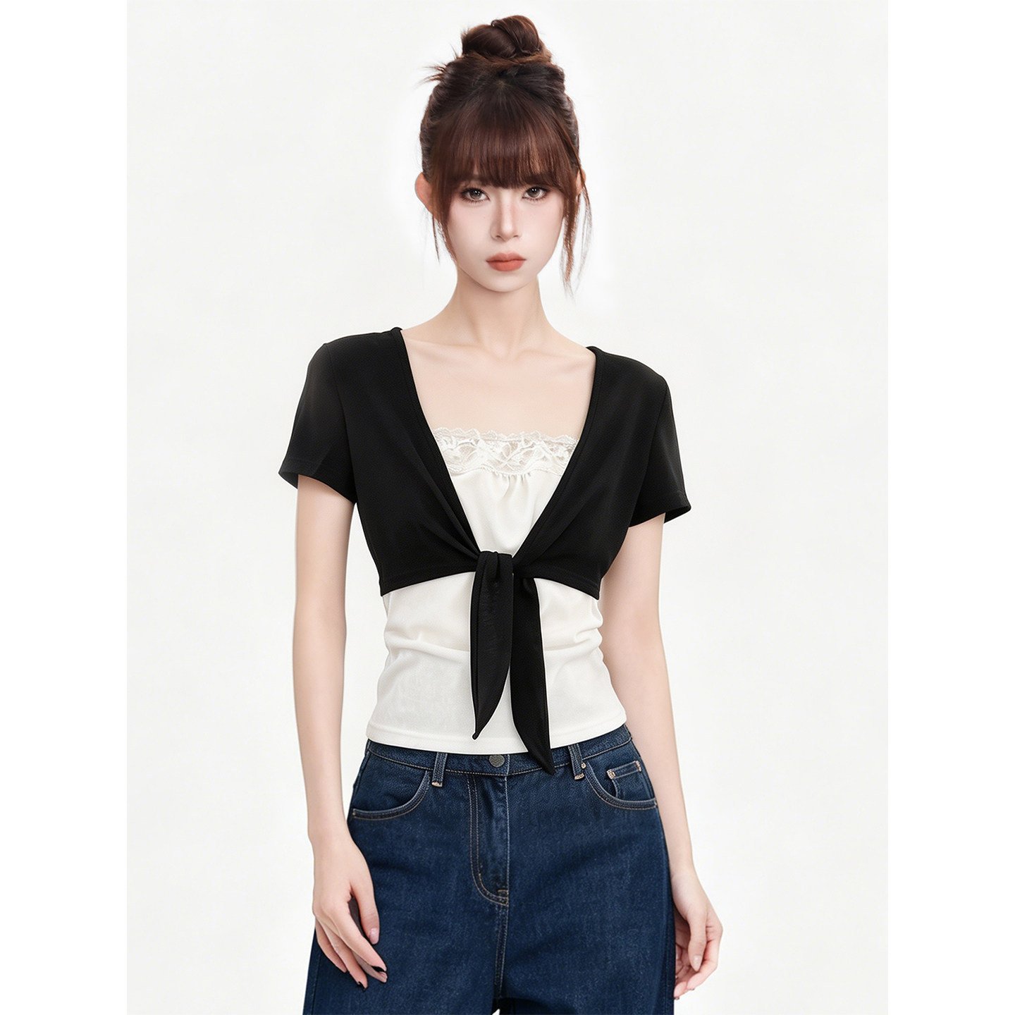 T-shirt à manches courtes pour femme – Haut ajusté à nouer - Image 3