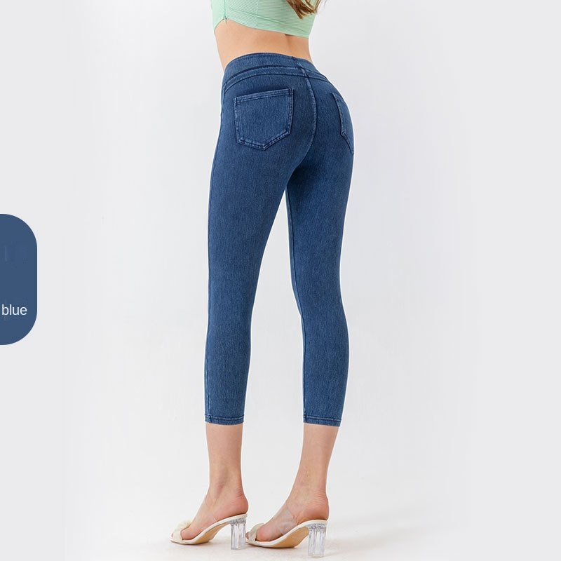 Pantalon corsaire de yoga en jean pour femme – Taille basse, coupe ajustée, taille haute extensible avec effet gainant (ventre plat) – Pantalon de fit - Image 8