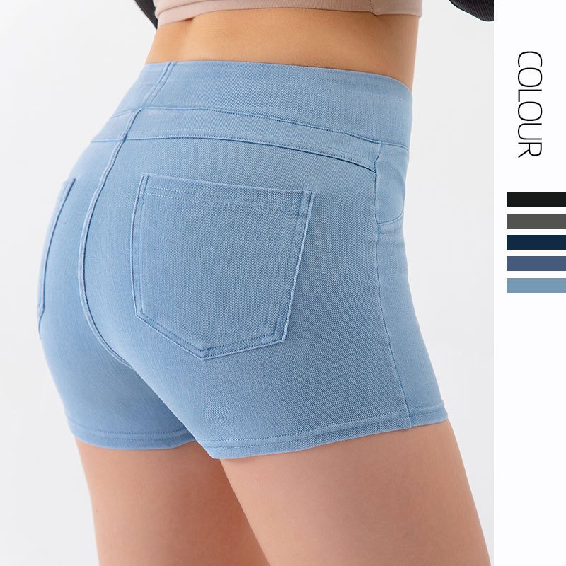 Nouveau short de yoga style jean pour femme (collection printemps/été) : taille haute, effet push-up, grande élasticité, coupe amincissante avec compr - Image 3