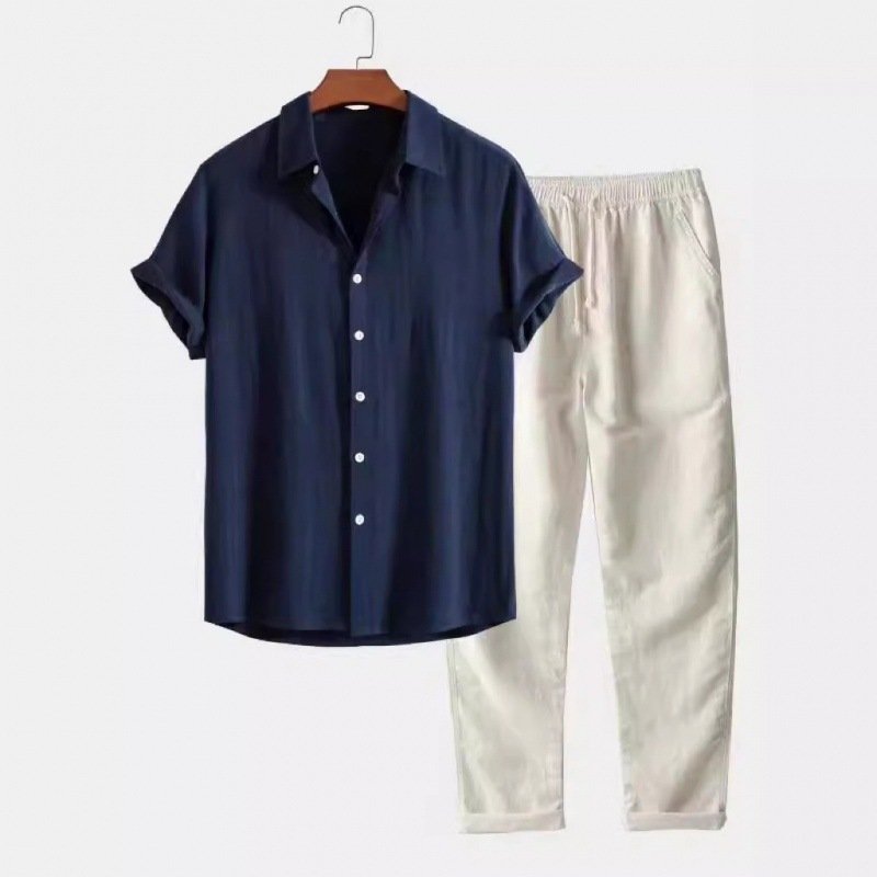 Ensemble de costume pour homme en lin et coton, coupe ajustée, col montant - Image 12