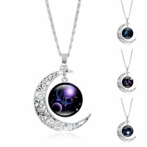 Collier ras du cou lumineux Zodiac Time Gem pour femme, pendentif lune argenté simple