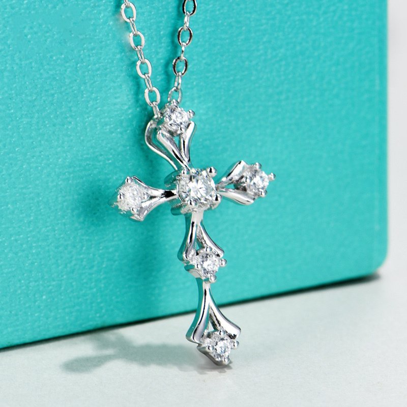 Collier croix en argent sterling S925 et moissanite, pendentif de 3,5 mm (qualité D-VVS1), chaîne plaquée platine (40 et 45 cm), poids de 1,7 g, certificat GRA et coffret cadeau inclus. - Image 4