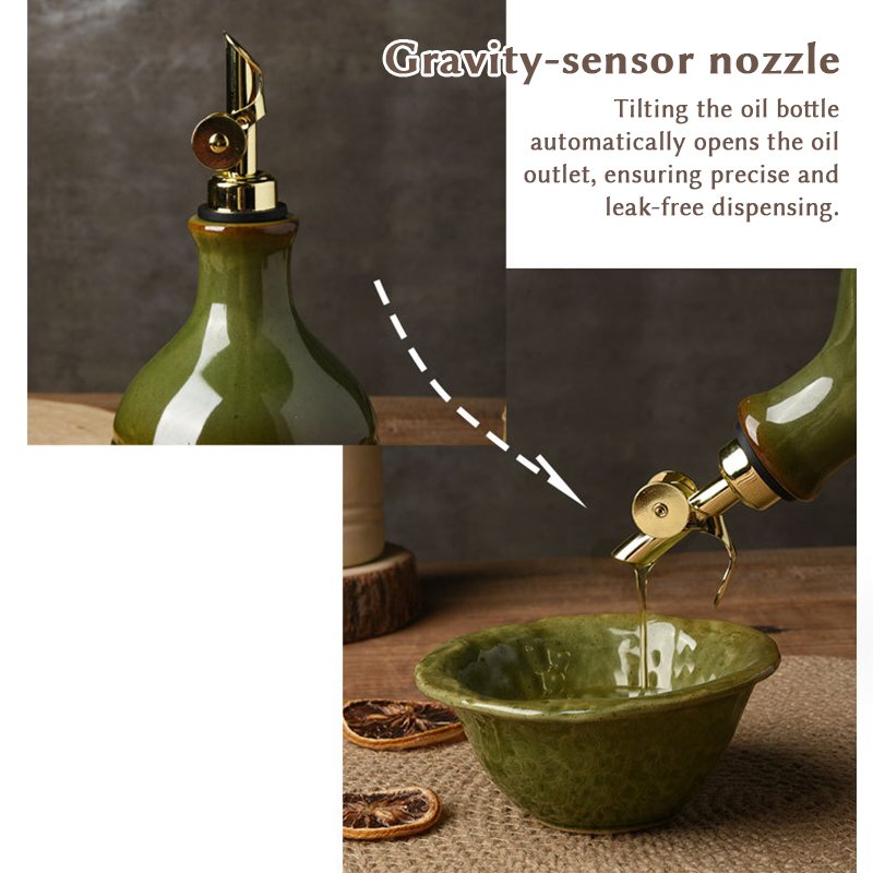 Bouteille d'huile d'olive rétro européenne en céramique verte avec bec verseur en acier inoxydable – Distributeur de condiments et de rangement vintag - Image 8