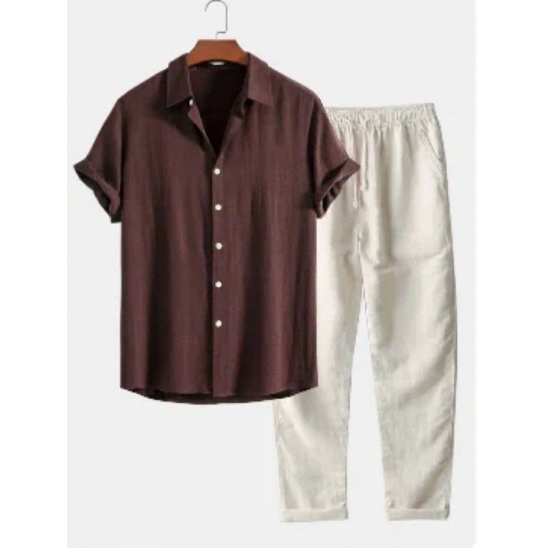 Ensemble de costume pour homme en lin et coton, coupe ajustée, col montant - Image 3