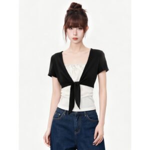 T-shirt à manches courtes pour femme – Haut ajusté à nouer