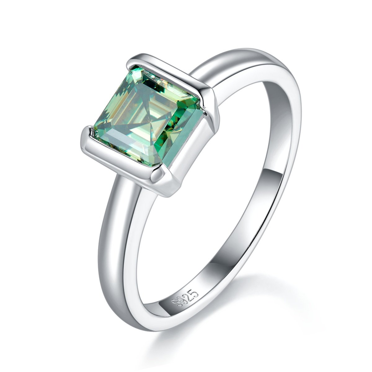 Bague en argent sterling S925 avec moissanite verte de 1 carat, solitaire taille carrée 6x6 mm (pureté VVS1), plaquée platine, tailles US 5 à 9, certifiée GRA, livrée en boîte cadeau