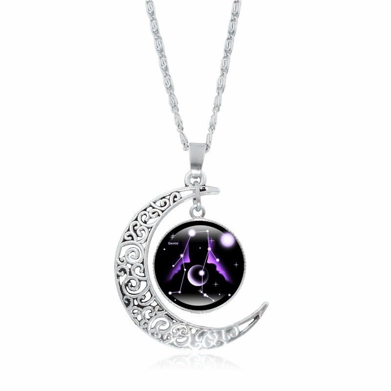 Collier ras du cou lumineux Zodiac Time Gem pour femme, pendentif lune argenté simple - Image 8