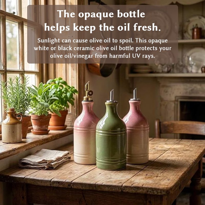 Bouteille d'huile d'olive rétro européenne en céramique verte avec bec verseur en acier inoxydable – Distributeur de condiments et de rangement vintag - Image 9