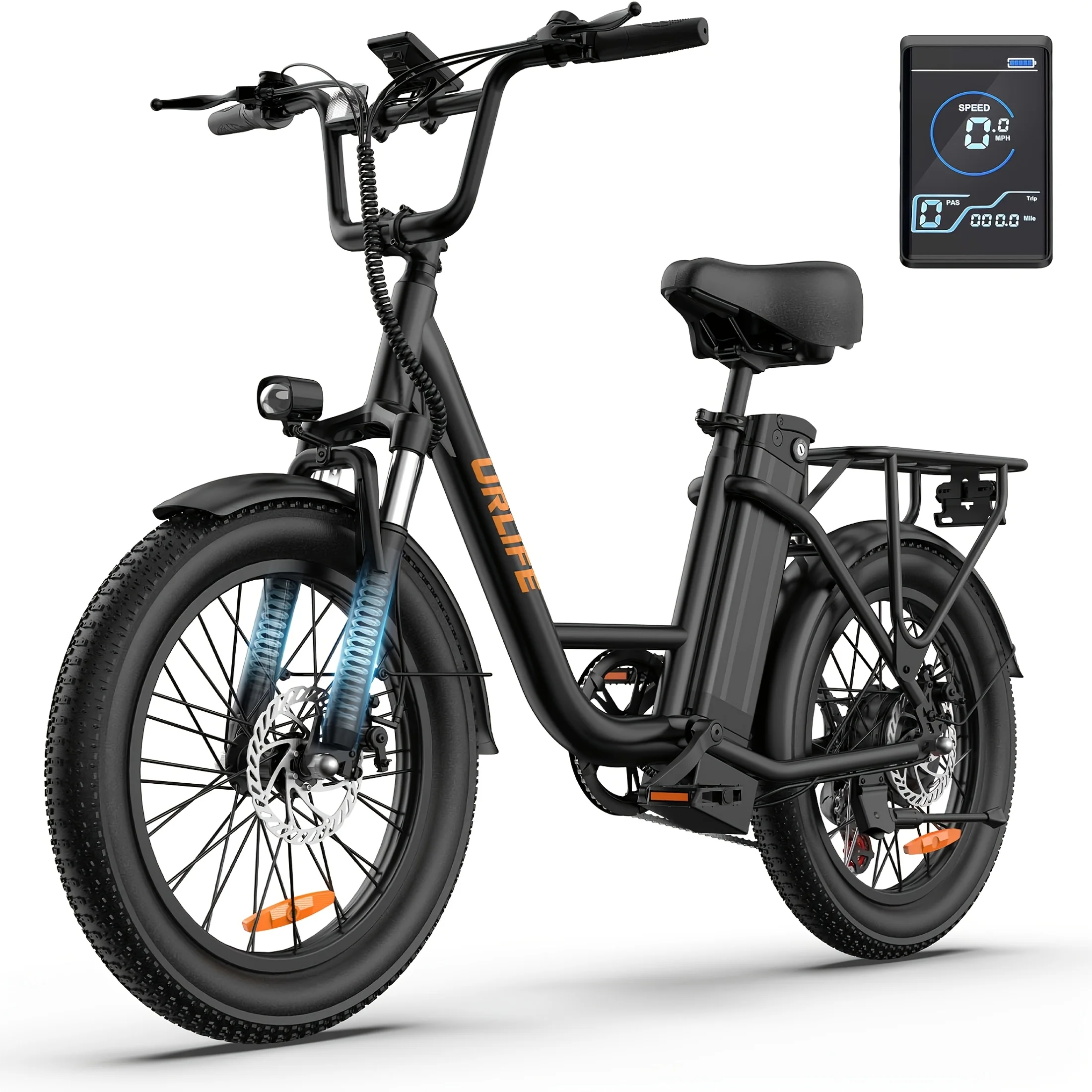 Vélo électrique Urlife 1000 W – Pneus larges (Fat Tires) 20 x 3 pouces, batterie amovible 48 V 13 Ah, 7 vitesses, double frein à disque – Cyclomoteur - Image 10