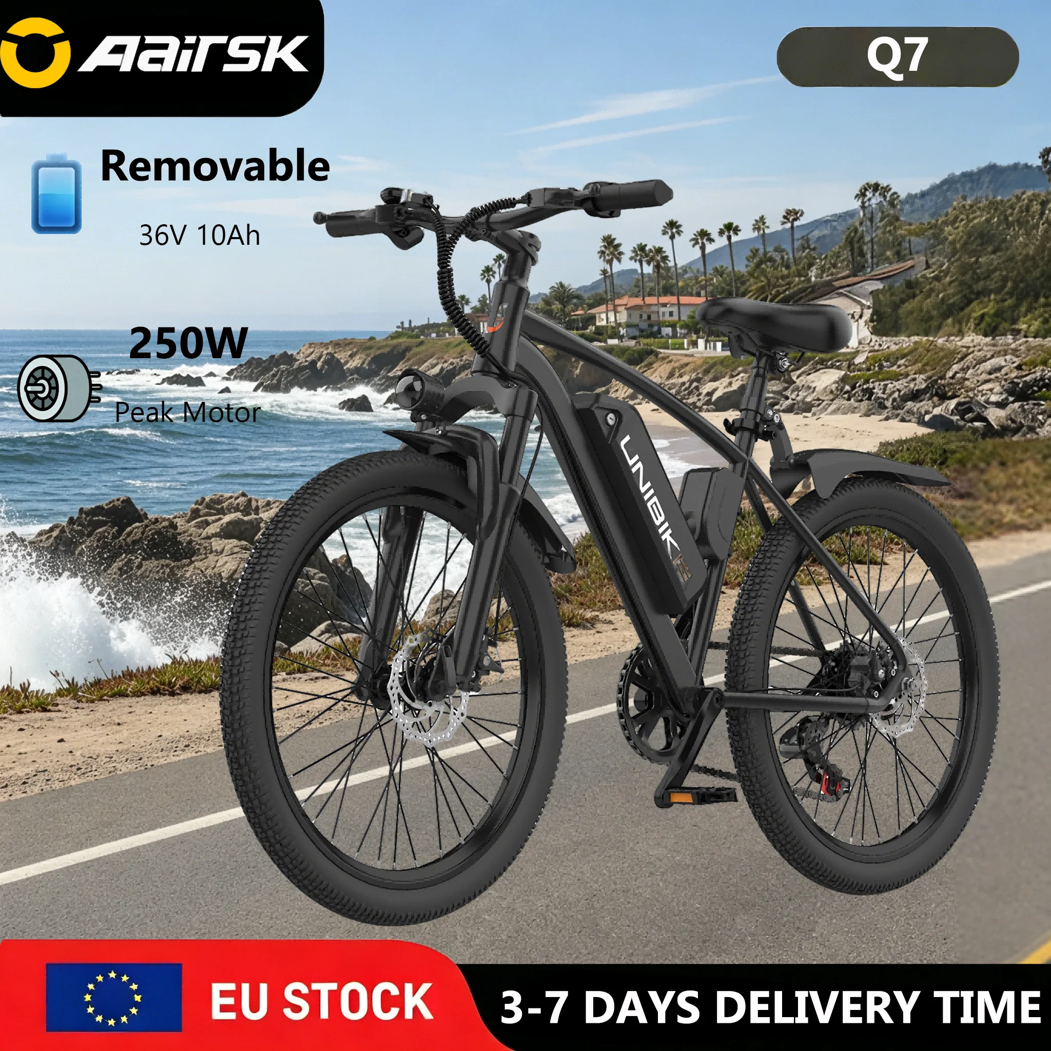 Vélo électrique urbain Aairsk Q7 – Moteur 250 W, batterie amovible 36 V 10 Ah, autonomie de 60 km, roues de 26 pouces, cadre haut, freins à disque, tr