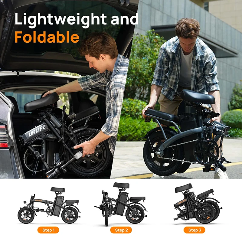 Vélo électrique pliable Urlife F1L (14 pouces) – Batterie 48 V 7,5 Ah amovible à charge rapide – Autonomie de 40 km – Suspension avant hydraulique – D - Image 8