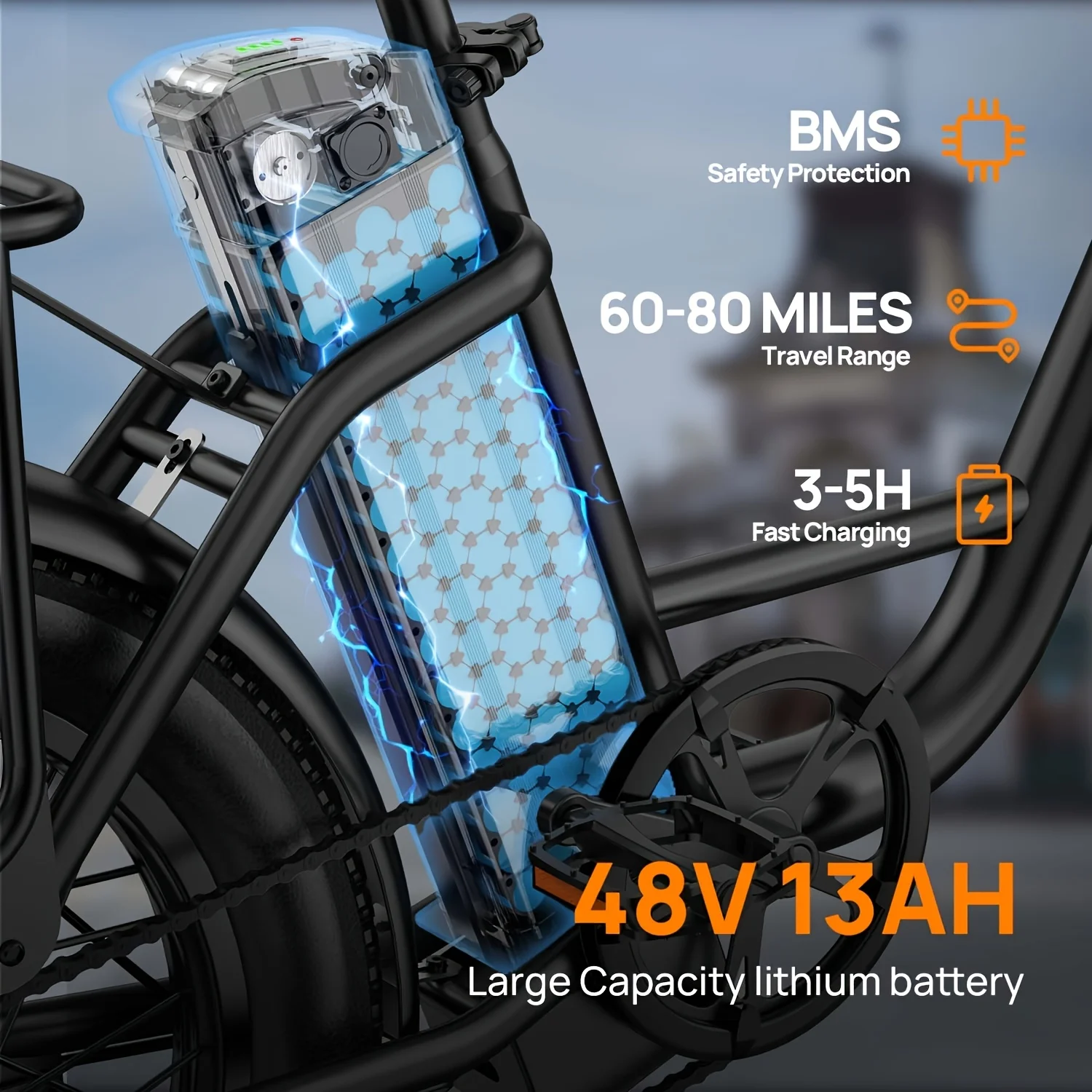 Vélo électrique Urlife 1000 W – Pneus larges (Fat Tires) 20 x 3 pouces, batterie amovible 48 V 13 Ah, 7 vitesses, double frein à disque – Cyclomoteur - Image 3