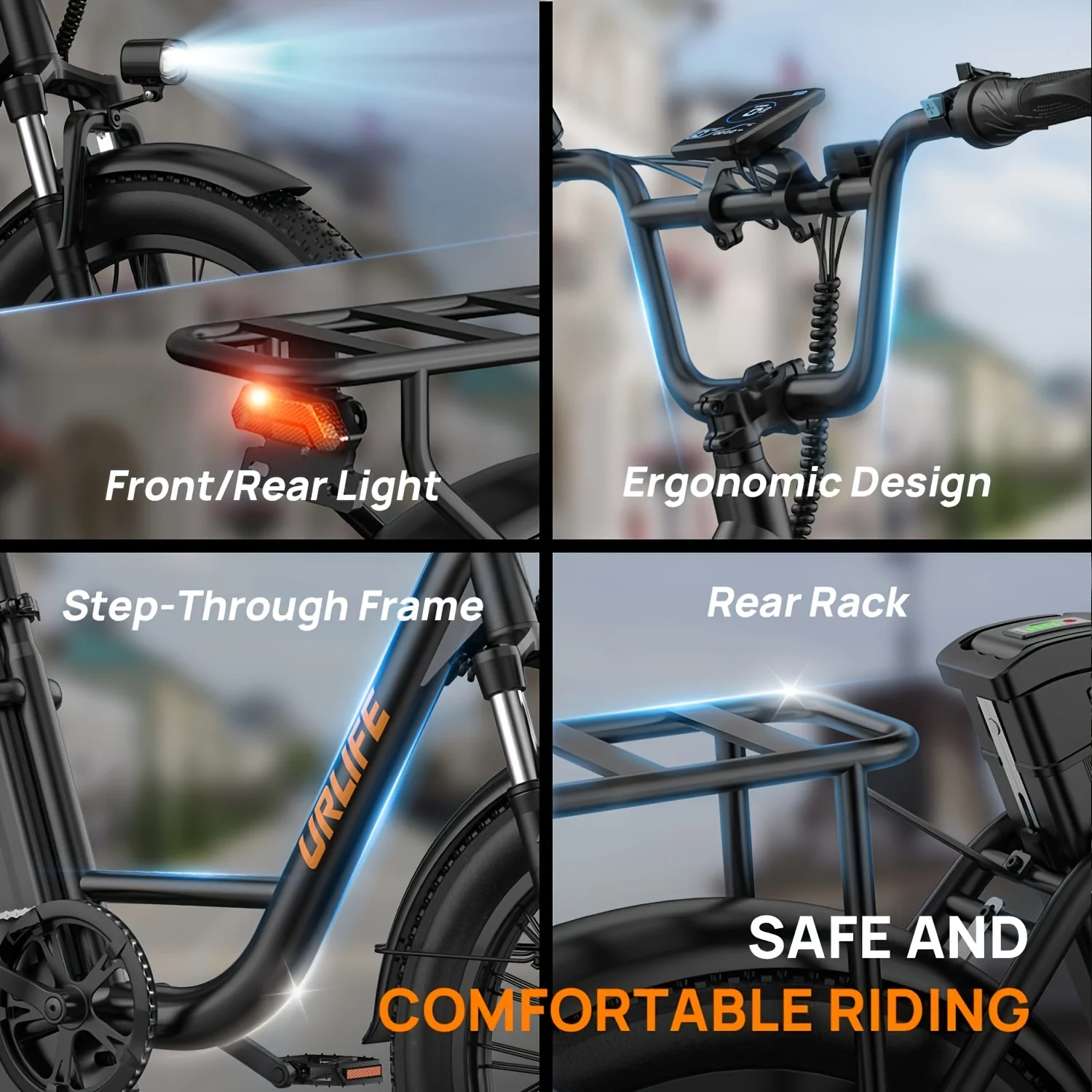 Vélo électrique Urlife 1000 W – Pneus larges (Fat Tires) 20 x 3 pouces, batterie amovible 48 V 13 Ah, 7 vitesses, double frein à disque – Cyclomoteur - Image 7
