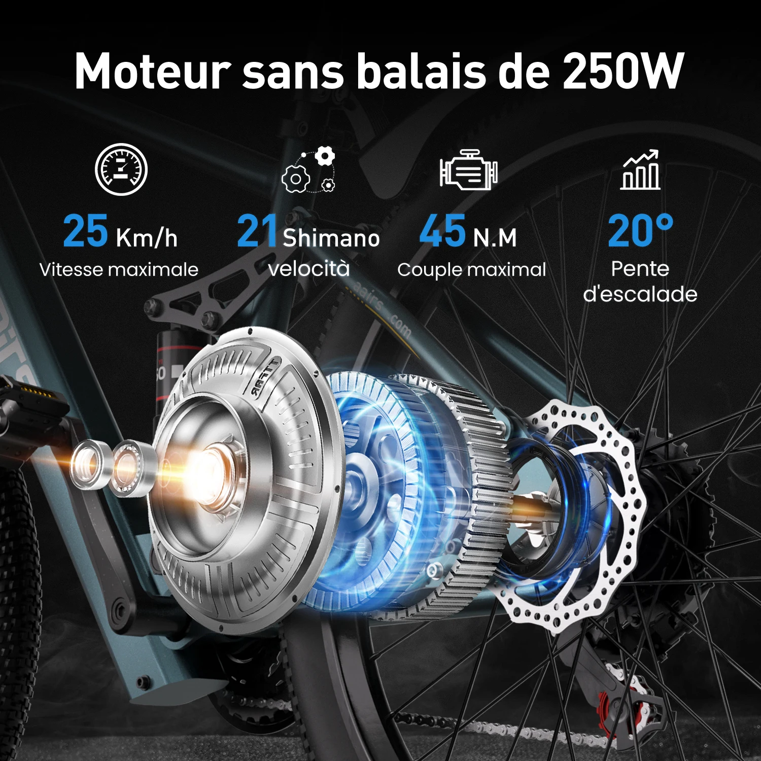 Vélo électrique Aairsk GT900 26 pouces – Moteur 250 W / 45 Nm – Batterie 36 V / 13 Ah – Double suspension – Freins à disque – 21 vitesses – Démarrage - Image 4