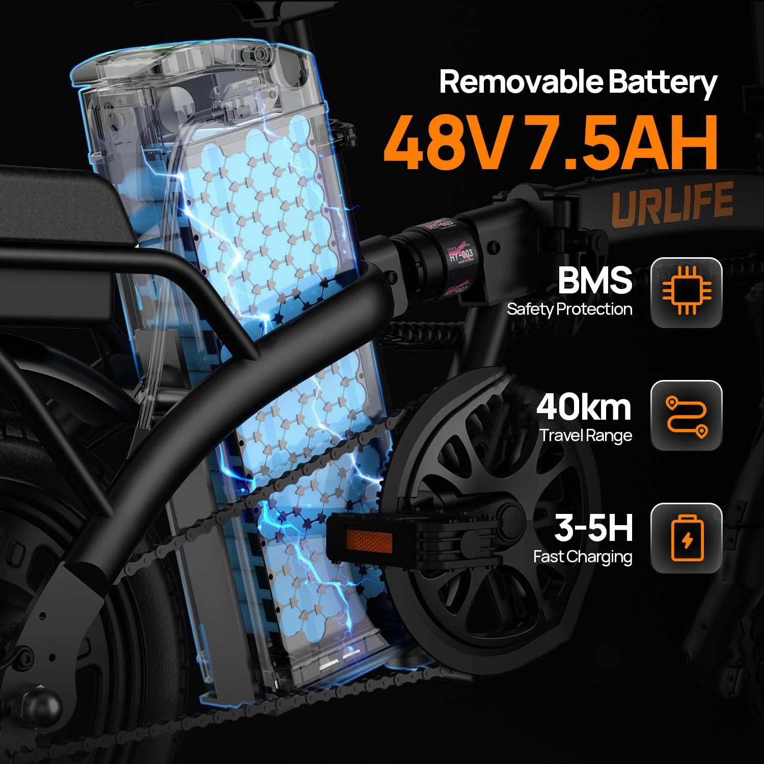 Vélo électrique pliable Urlife F1L (14 pouces) – Batterie 48 V 7,5 Ah amovible à charge rapide – Autonomie de 40 km – Suspension avant hydraulique – D - Image 3