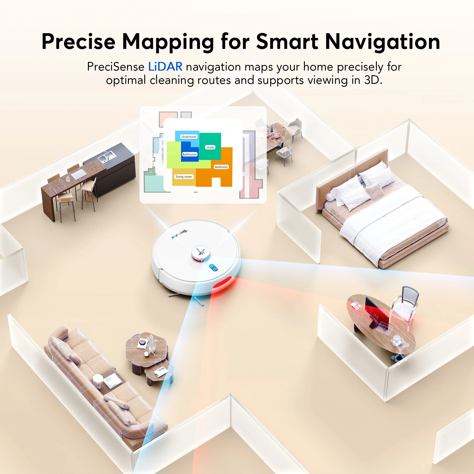 Aspirateur robot Teendow D20S Max+ avec cartographie intelligente LiDAR, aspiration de 6000 Pa, autonomie de 150 min, recharge automatique et zones i - Image 6