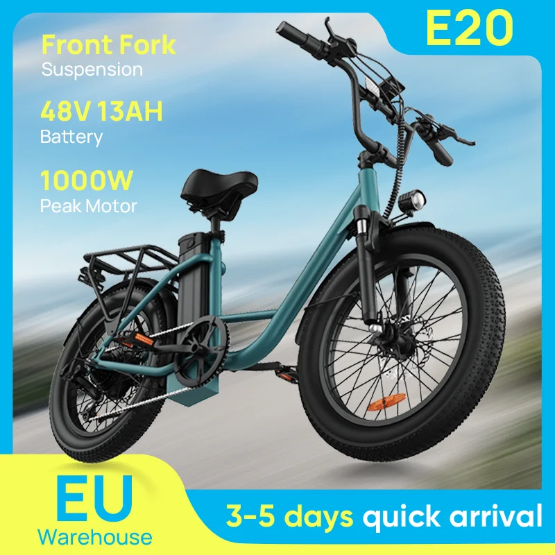 Vélo électrique Urlife 1000 W – Pneus larges (Fat Tires) 20 x 3 pouces, batterie amovible 48 V 13 Ah, 7 vitesses, double frein à disque – Cyclomoteur
